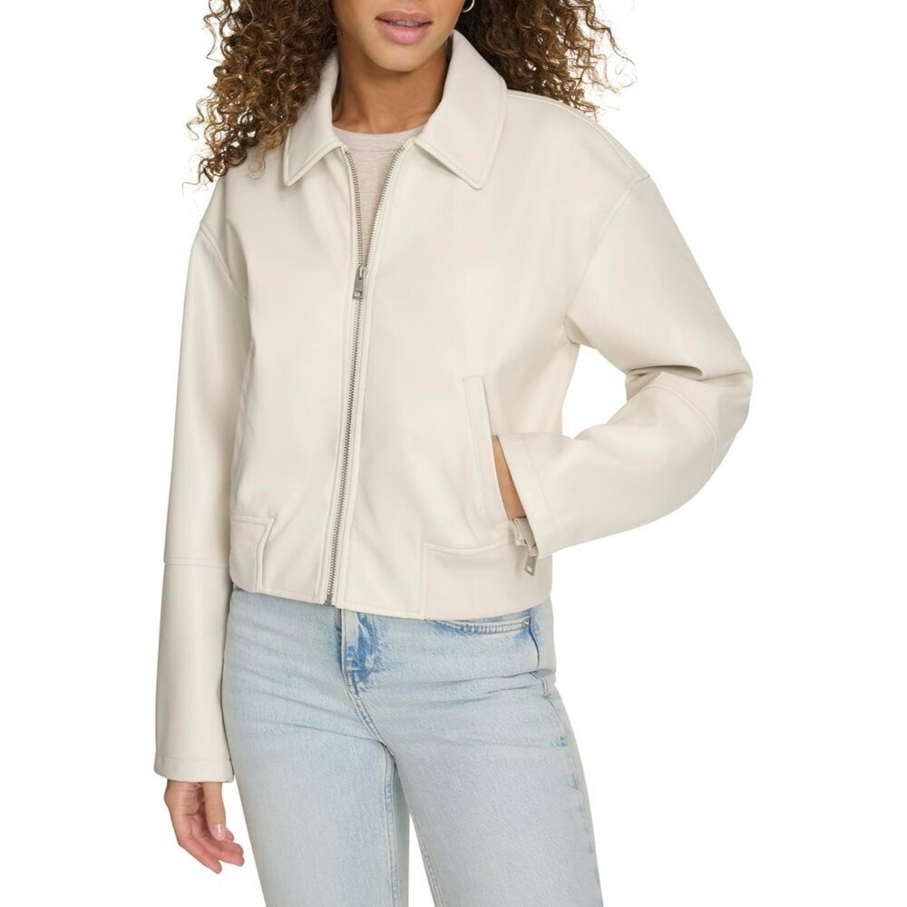 Women's White Faux Leather Bomber Jacket With Laydown Style Collar Comfort